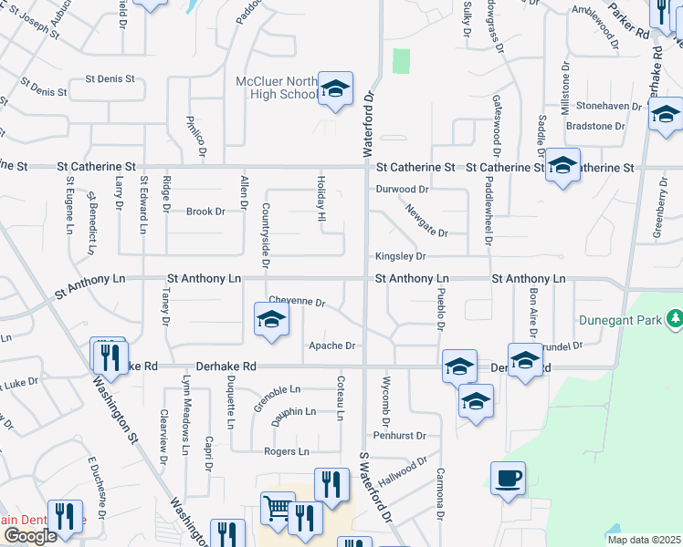 map of restaurants, bars, coffee shops, grocery stores, and more near 1145 Saint Anthony Lane in Florissant