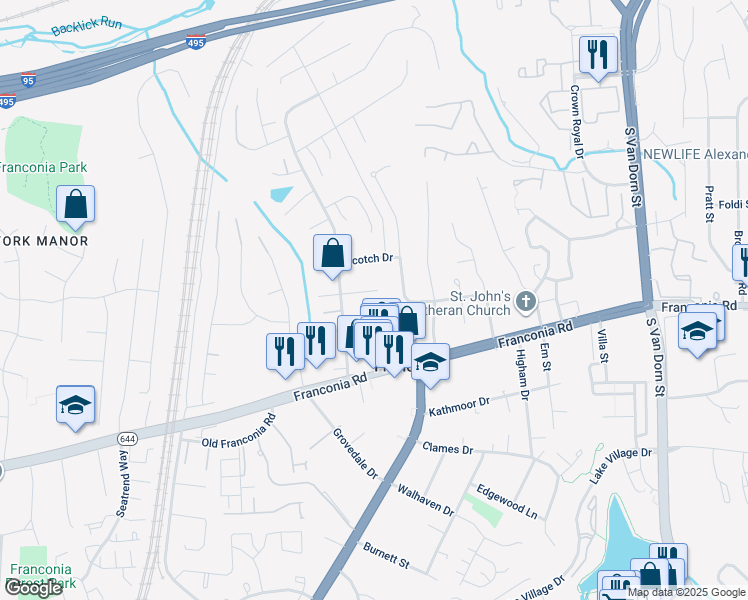 map of restaurants, bars, coffee shops, grocery stores, and more near 6105 Briarview Court in Alexandria