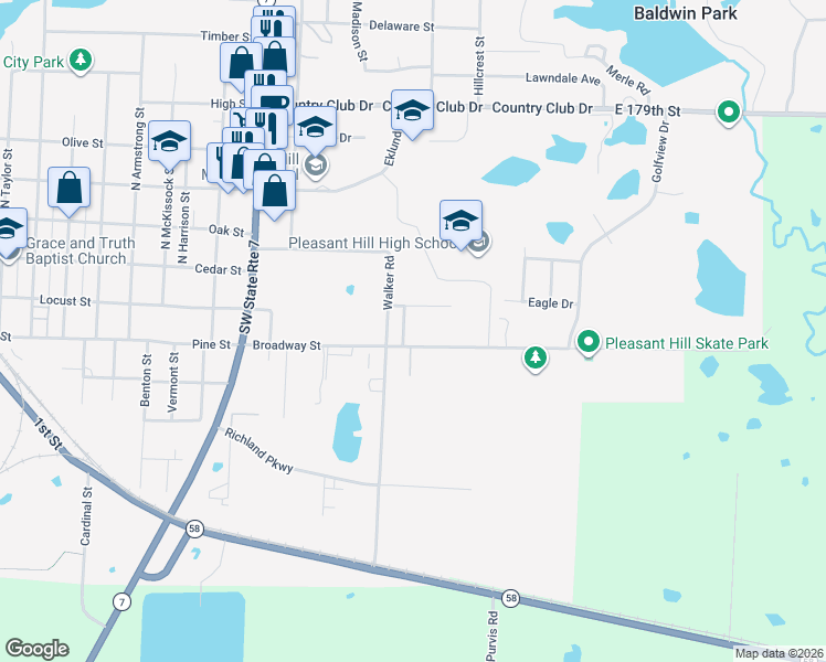 map of restaurants, bars, coffee shops, grocery stores, and more near 1508 Broadway Street in Pleasant Hill