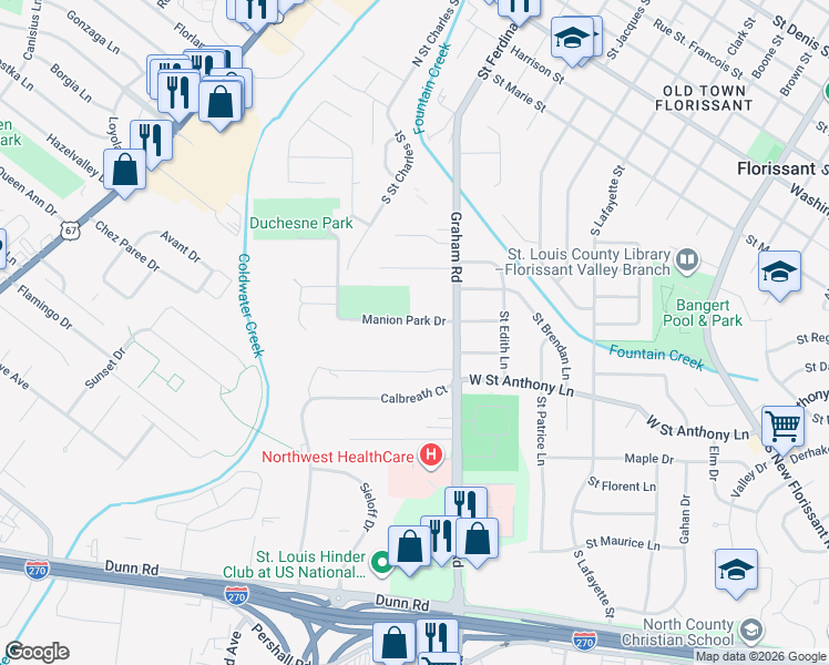 map of restaurants, bars, coffee shops, grocery stores, and more near 825 Graham Road in Florissant