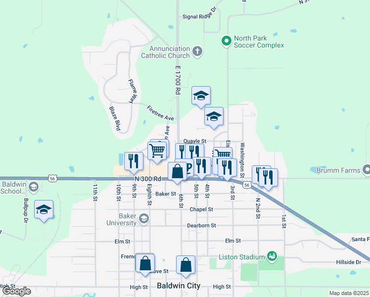 map of restaurants, bars, coffee shops, grocery stores, and more near 210 North 6th Street in Baldwin City