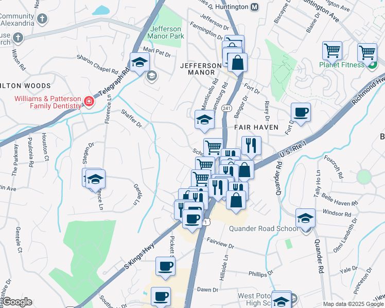 map of restaurants, bars, coffee shops, grocery stores, and more near 2805 School Street in Alexandria