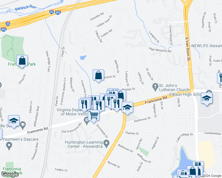 map of restaurants, bars, coffee shops, grocery stores, and more near 6105 Briarview Court in Alexandria