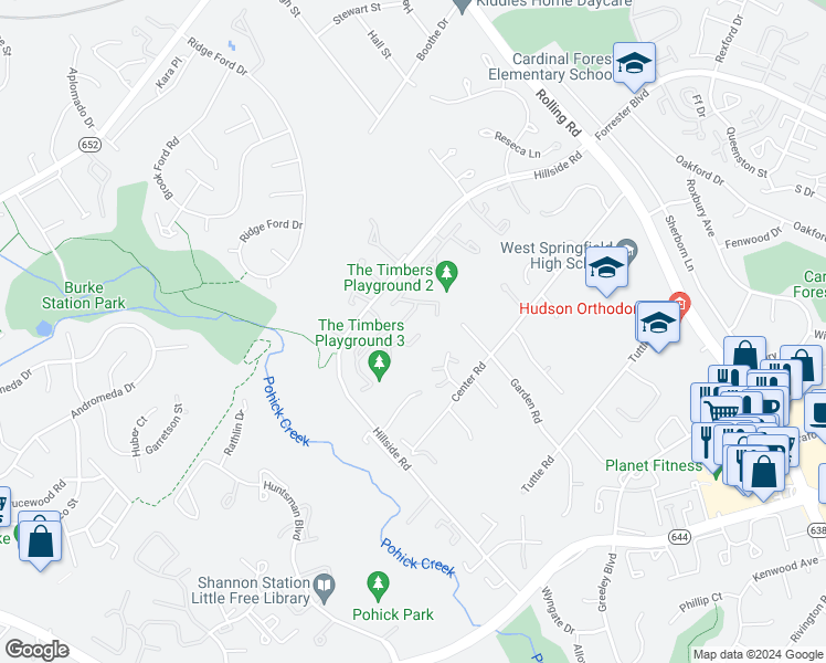 map of restaurants, bars, coffee shops, grocery stores, and more near 6159 Forest Creek Lane in Springfield