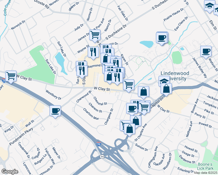 map of restaurants, bars, coffee shops, grocery stores, and more near 2436 West Clay Street in Saint Charles