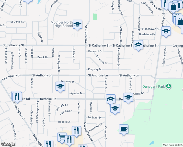 map of restaurants, bars, coffee shops, grocery stores, and more near 1270 Saint Anthony Lane in Florissant