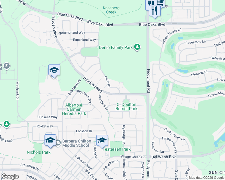 map of restaurants, bars, coffee shops, grocery stores, and more near 2217 Corin Drive in Roseville