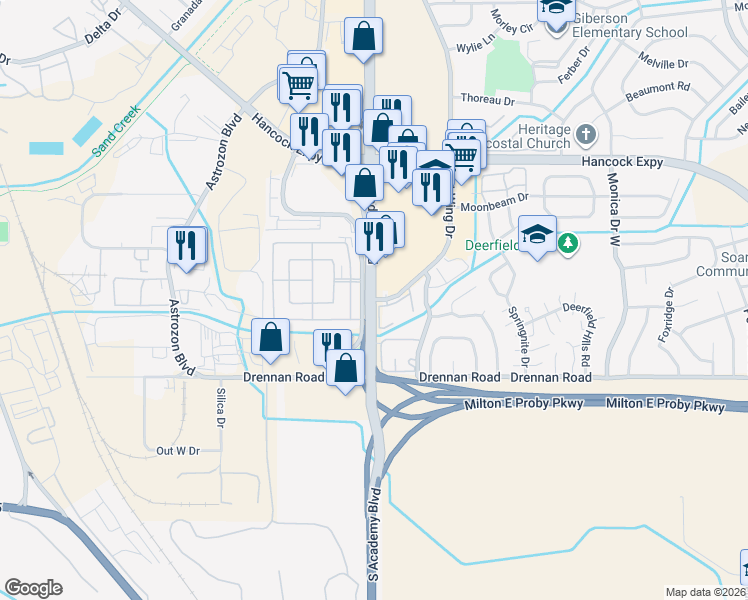 map of restaurants, bars, coffee shops, grocery stores, and more near 3809 Lakehurst Drive in Colorado Springs