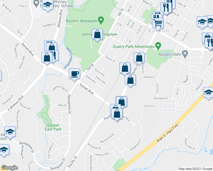 map of restaurants, bars, coffee shops, grocery stores, and more near 3544 Willard Way in Rocklin