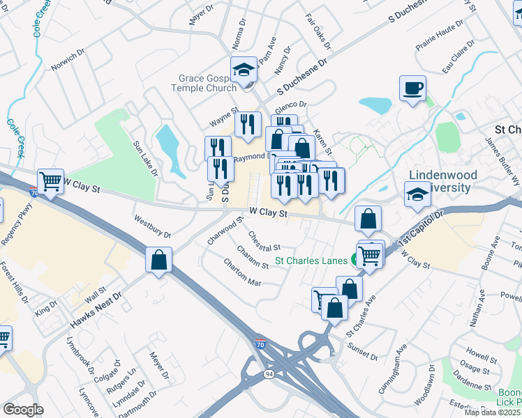 map of restaurants, bars, coffee shops, grocery stores, and more near 2535 West Clay Street in Saint Charles
