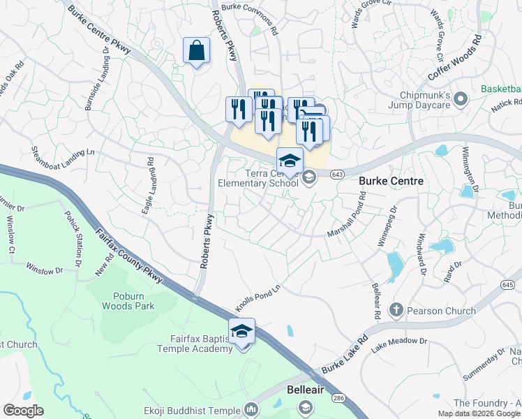 map of restaurants, bars, coffee shops, grocery stores, and more near 6121 Pond Spice Lane in Burke