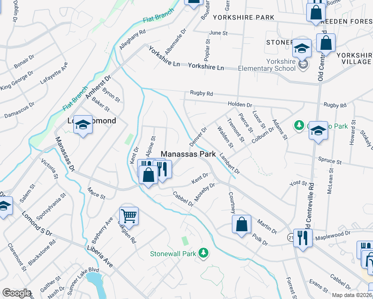 map of restaurants, bars, coffee shops, grocery stores, and more near 296 Manassas Drive in Manassas Park