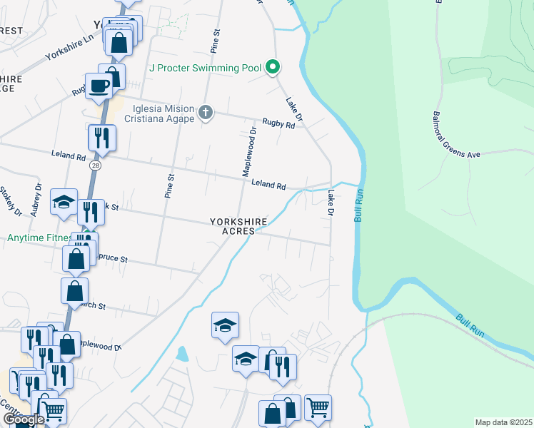 map of restaurants, bars, coffee shops, grocery stores, and more near 7824 Oak Street in Manassas