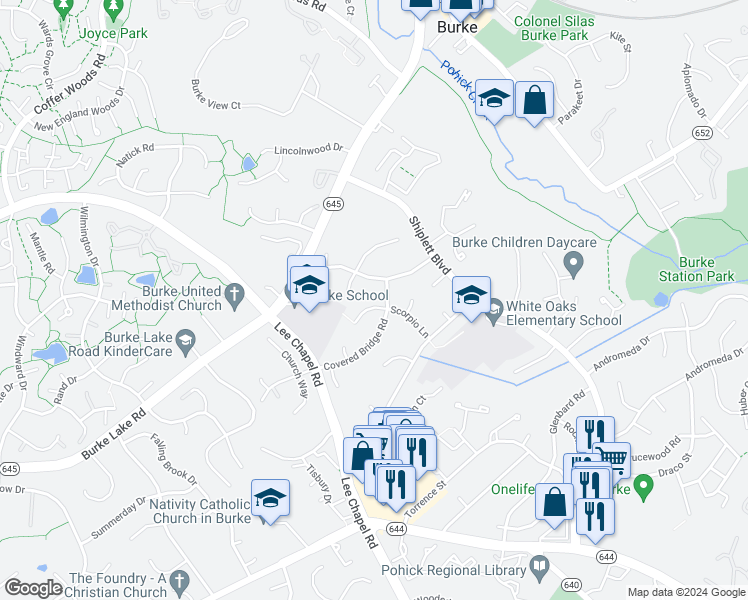 map of restaurants, bars, coffee shops, grocery stores, and more near 9602 Scorpio Court in Burke