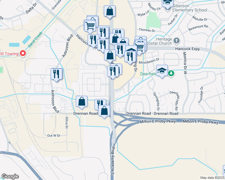 map of restaurants, bars, coffee shops, grocery stores, and more near 3809 Lakehurst Drive in Colorado Springs