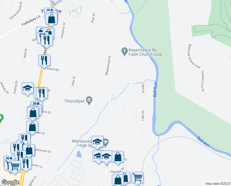 map of restaurants, bars, coffee shops, grocery stores, and more near 7824 Oak Street in Manassas