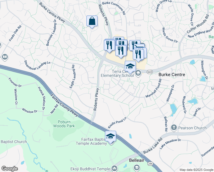 map of restaurants, bars, coffee shops, grocery stores, and more near 10324 Pond Spice Terrace in Burke
