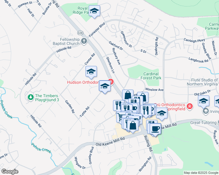 map of restaurants, bars, coffee shops, grocery stores, and more near 6116 Rolling Road in West Springfield