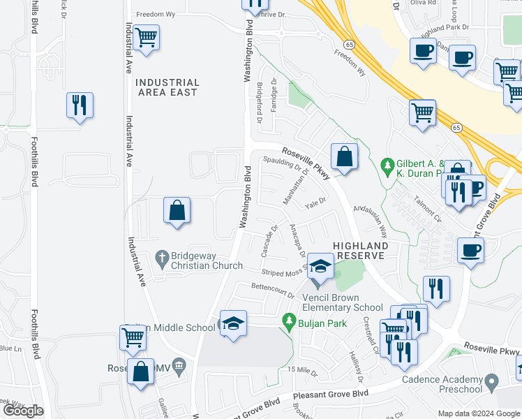 map of restaurants, bars, coffee shops, grocery stores, and more near 469 Anacapa Drive in Roseville