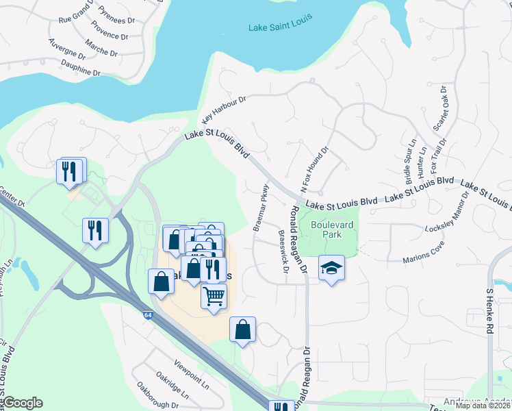 map of restaurants, bars, coffee shops, grocery stores, and more near 2609 Braemar Parkway in Lake Saint Louis