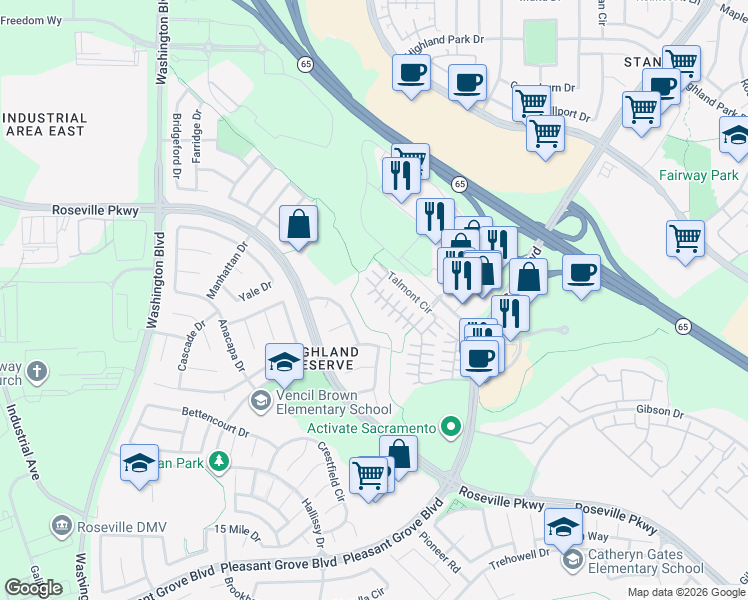 map of restaurants, bars, coffee shops, grocery stores, and more near 182 Talmont Circle in Roseville