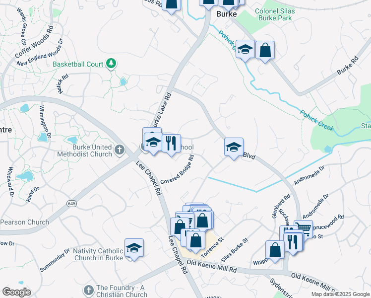 map of restaurants, bars, coffee shops, grocery stores, and more near 9602 Scorpio Court in Burke