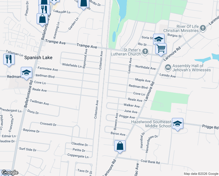 map of restaurants, bars, coffee shops, grocery stores, and more near 1250 Cove Lane in St. Louis