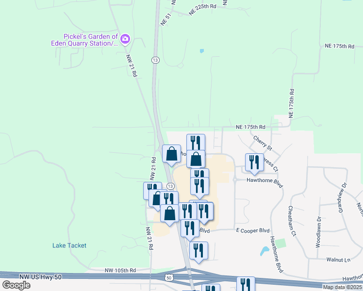 map of restaurants, bars, coffee shops, grocery stores, and more near 303 Hawthorne Boulevard in Warrensburg