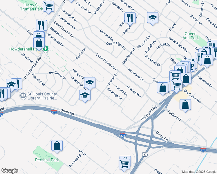 map of restaurants, bars, coffee shops, grocery stores, and more near 525 Saratoga Lane in Hazelwood