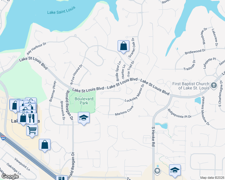 map of restaurants, bars, coffee shops, grocery stores, and more near 2474 Fox Bridge in Lake Saint Louis