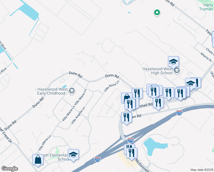 map of restaurants, bars, coffee shops, grocery stores, and more near 5427 Ville Rosa Lane in Hazelwood