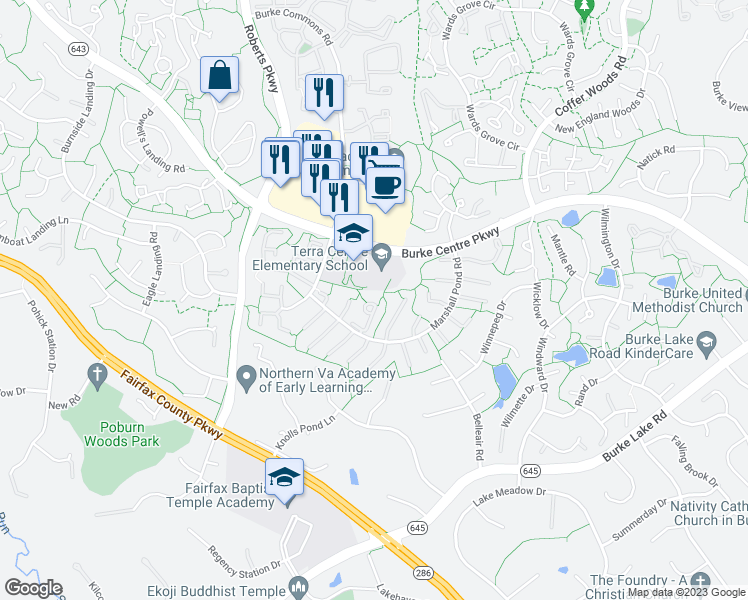 map of restaurants, bars, coffee shops, grocery stores, and more near 6103 Calico Pool Lane in Burke