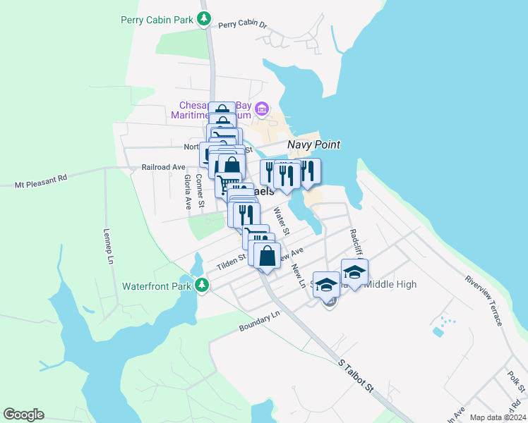map of restaurants, bars, coffee shops, grocery stores, and more near 203 Mulberry Street in Saint Michaels