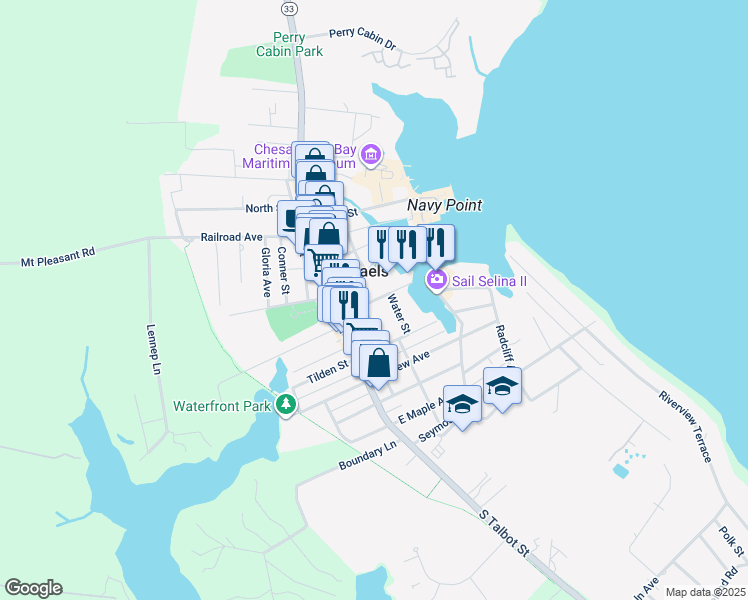 map of restaurants, bars, coffee shops, grocery stores, and more near Mulberry Street in Saint Michaels