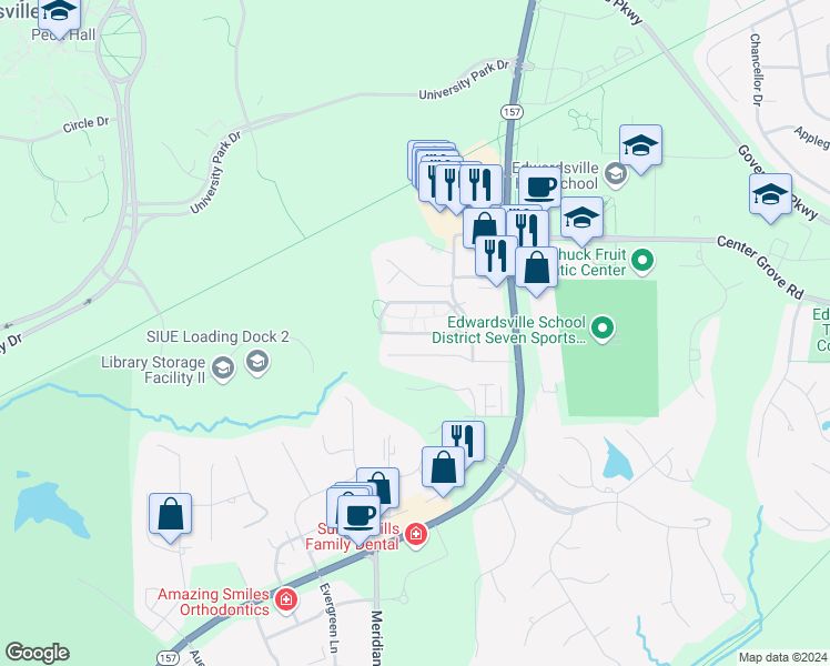 map of restaurants, bars, coffee shops, grocery stores, and more near Campus Edge Drive in Edwardsville