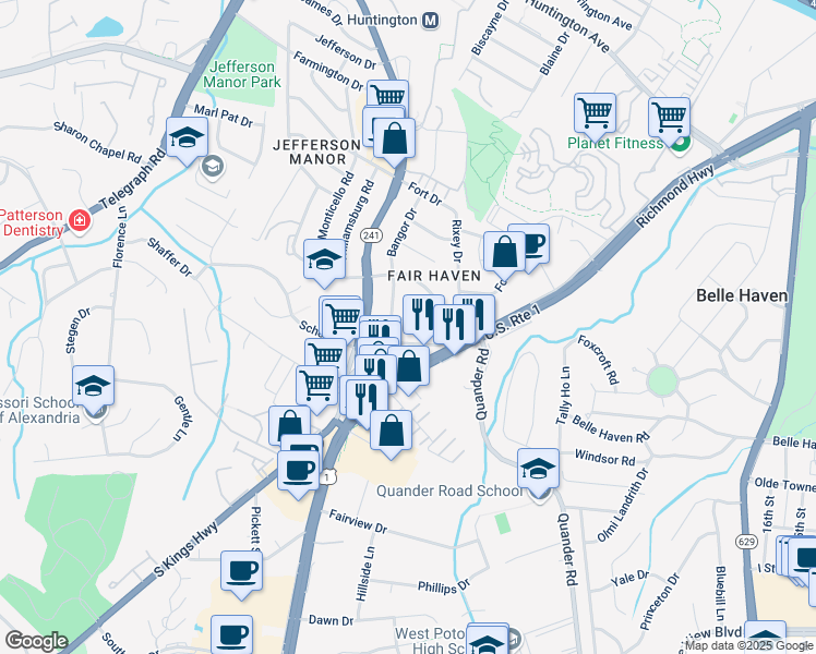 map of restaurants, bars, coffee shops, grocery stores, and more near 2517 Belleview Avenue in Alexandria