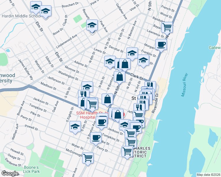 map of restaurants, bars, coffee shops, grocery stores, and more near 205 North 5th Street in Saint Charles