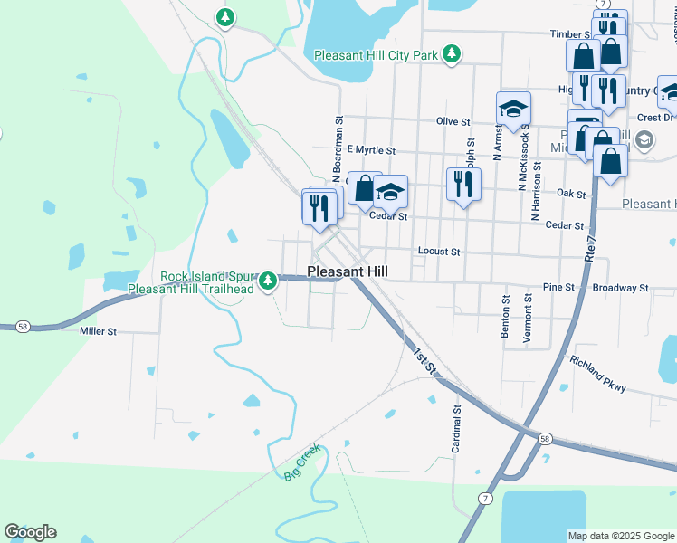 map of restaurants, bars, coffee shops, grocery stores, and more near in Pleasant Hill