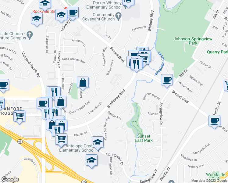 map of restaurants, bars, coffee shops, grocery stores, and more near 2576 Pinnacles Drive in Rocklin