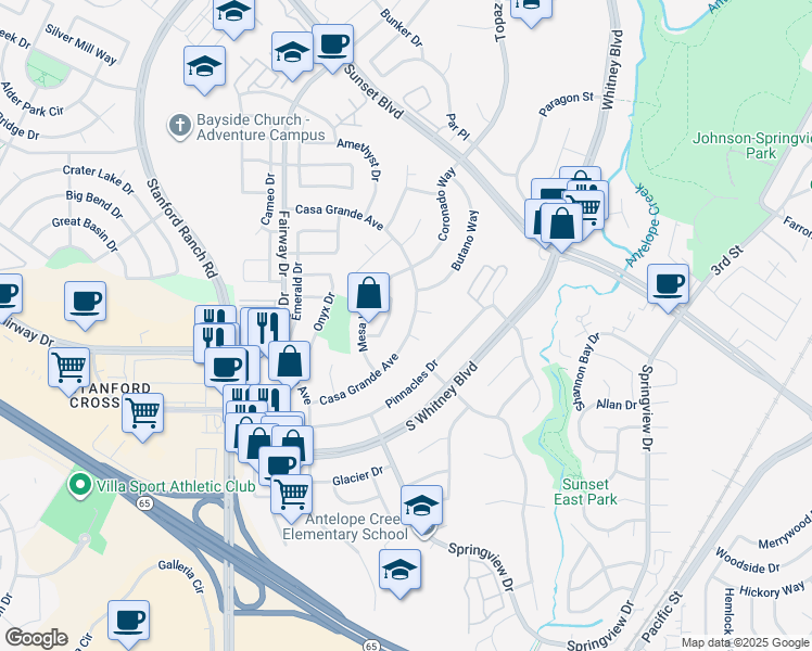 map of restaurants, bars, coffee shops, grocery stores, and more near 5730 Casa Grande Avenue in Rocklin