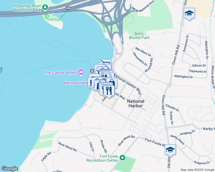 map of restaurants, bars, coffee shops, grocery stores, and more near 162 American Way in Oxon Hill