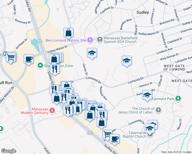map of restaurants, bars, coffee shops, grocery stores, and more near 10298 Lomond Drive in Manassas