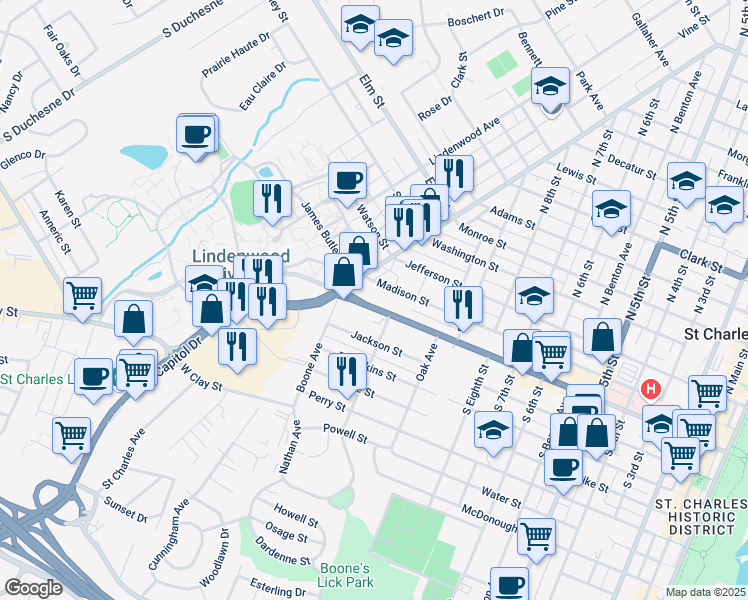 map of restaurants, bars, coffee shops, grocery stores, and more near 1101 1st Capitol Drive in Saint Charles