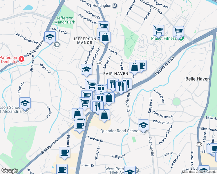 map of restaurants, bars, coffee shops, grocery stores, and more near 2517 Belleview Avenue in Alexandria