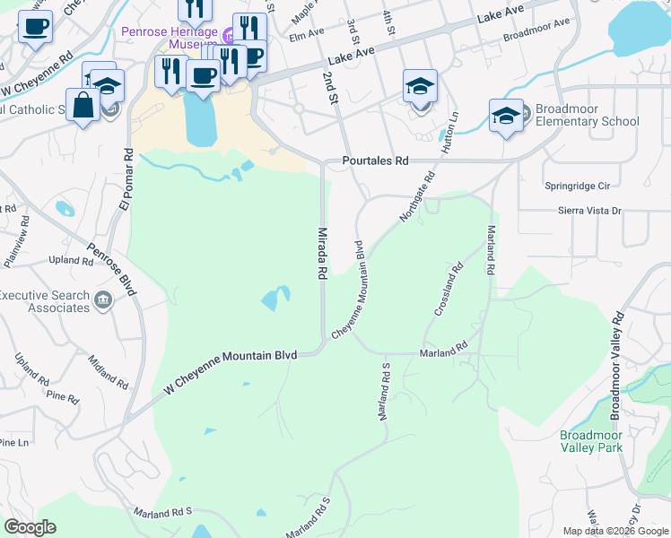map of restaurants, bars, coffee shops, grocery stores, and more near 13 Mirada Road in Colorado Springs