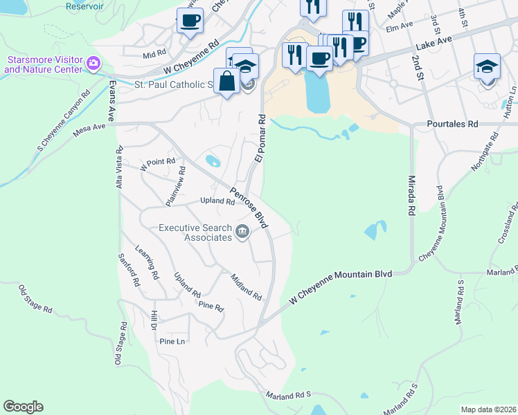 map of restaurants, bars, coffee shops, grocery stores, and more near 601 Penrose Boulevard in Colorado Springs