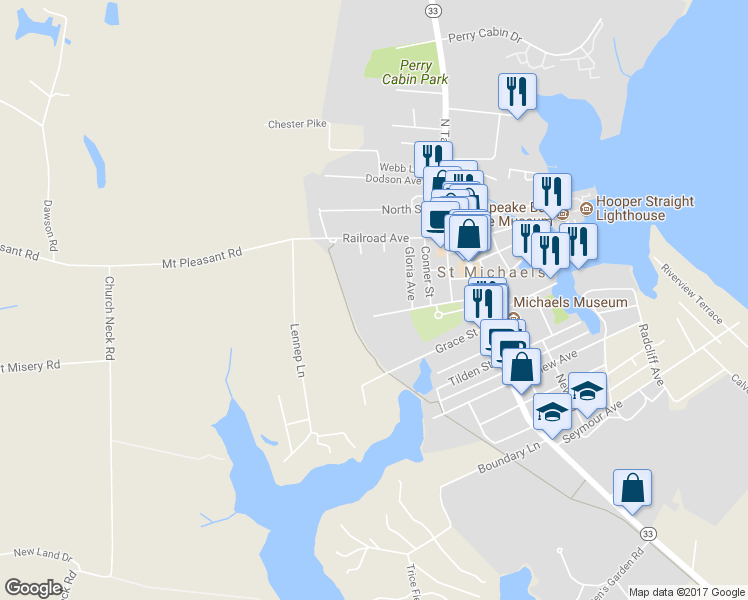 map of restaurants, bars, coffee shops, grocery stores, and more near 129 Miles Avenue in Saint Michaels