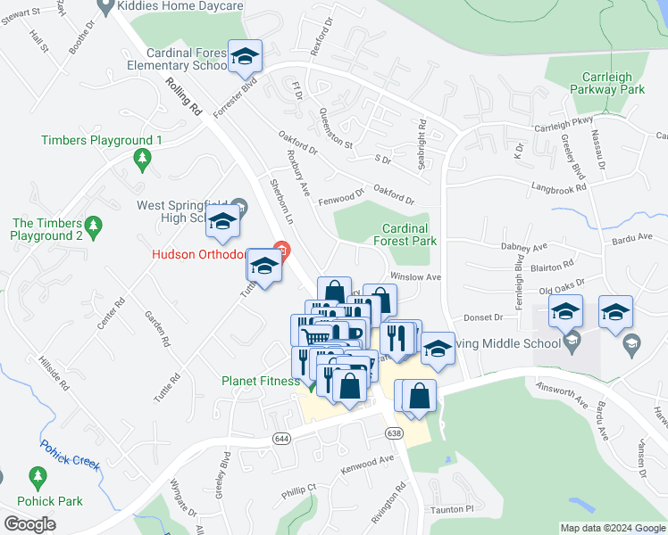 map of restaurants, bars, coffee shops, grocery stores, and more near 6107 Dominican Drive in Springfield