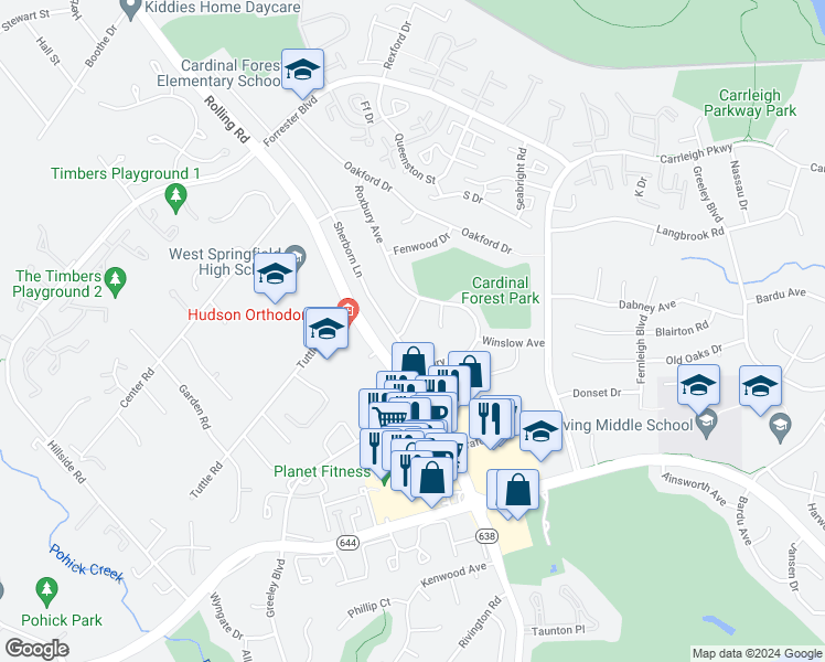 map of restaurants, bars, coffee shops, grocery stores, and more near 6107 Dominican Drive in West Springfield