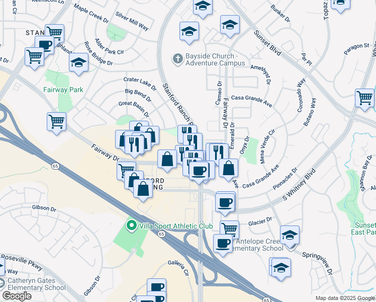map of restaurants, bars, coffee shops, grocery stores, and more near 9050 Fairway Drive in Roseville